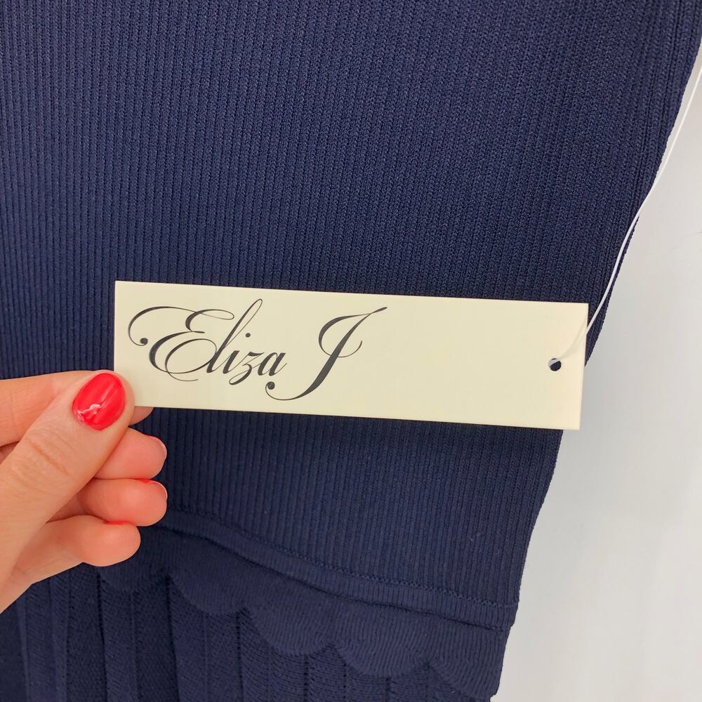 Eliza J Womens Fit & Flare Dress Small Navy Blue Ribbed Knit Johnny Collar NWT - Picture 10 of 14